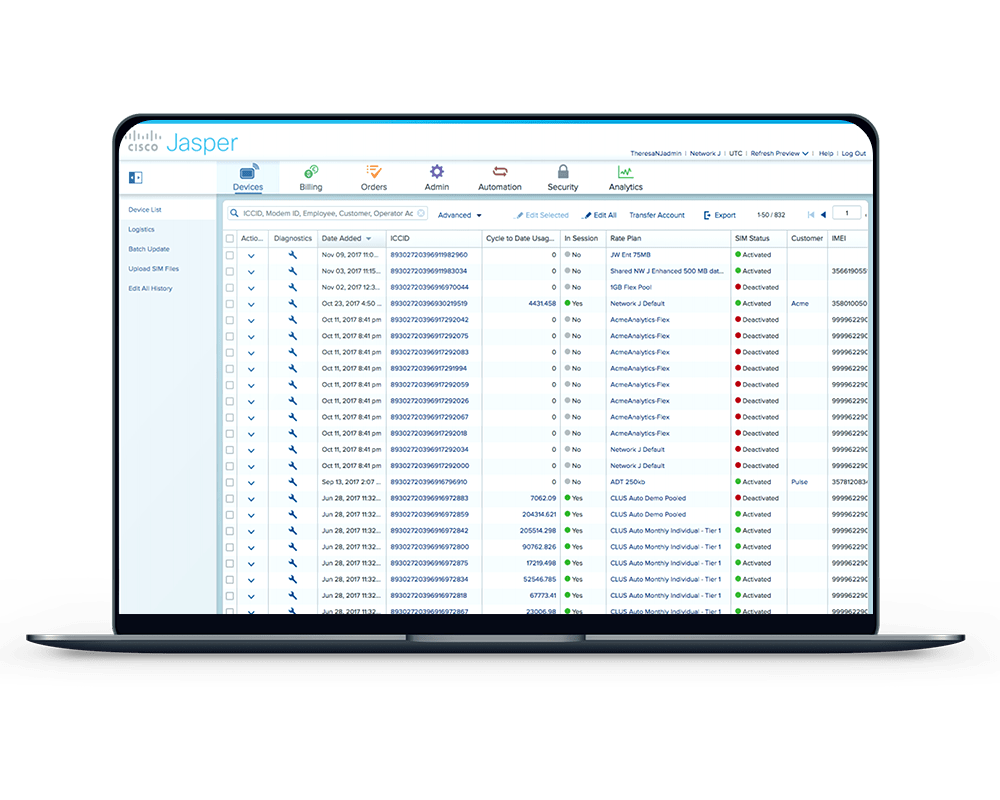 M2M SIM / IoT portal screenshot Weconnect IoT management